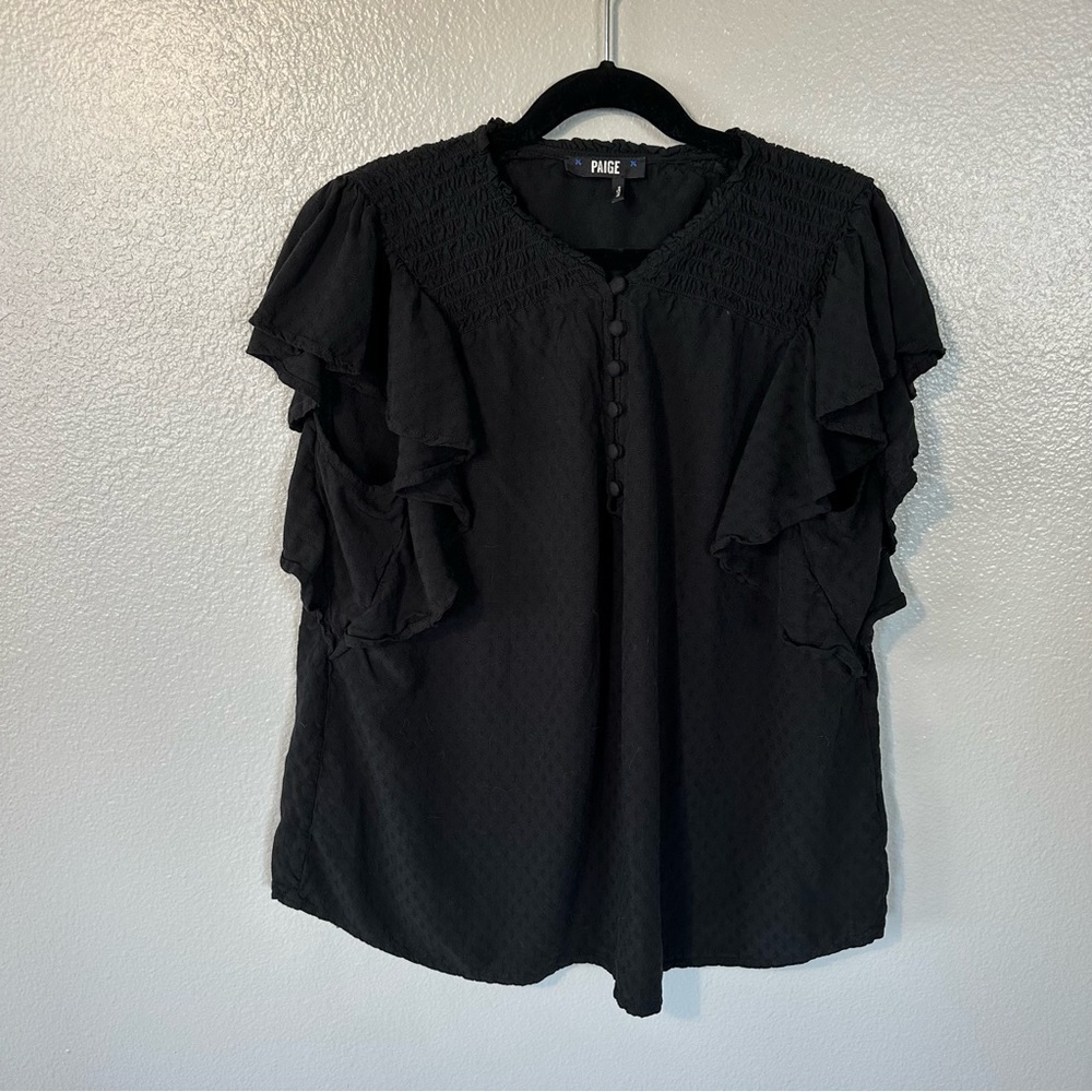 PAIGE Anthropologie Dewan Button Flowy Top Flutter Sleeve Pattern in Black Top S